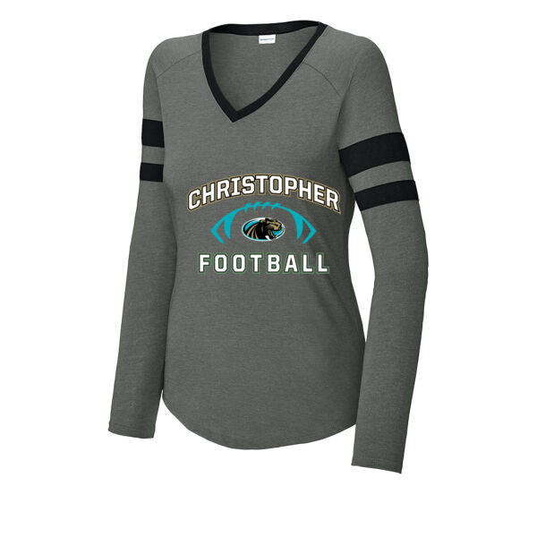 Christopher 2025 Football - Ladies Halftime Stripe Long Sleeve V Neck Tee Thumbnail
